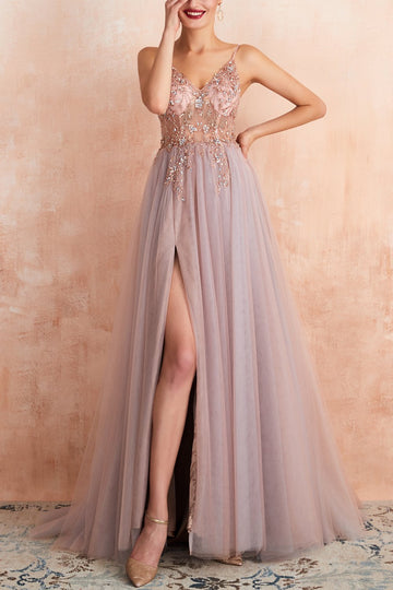 V-neck Grey Pink Tulle Ball Dress